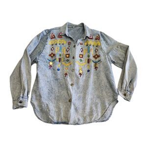 Vintage 90s Handmade Handpainted Western Design Distressed Denim Shirt SZ S